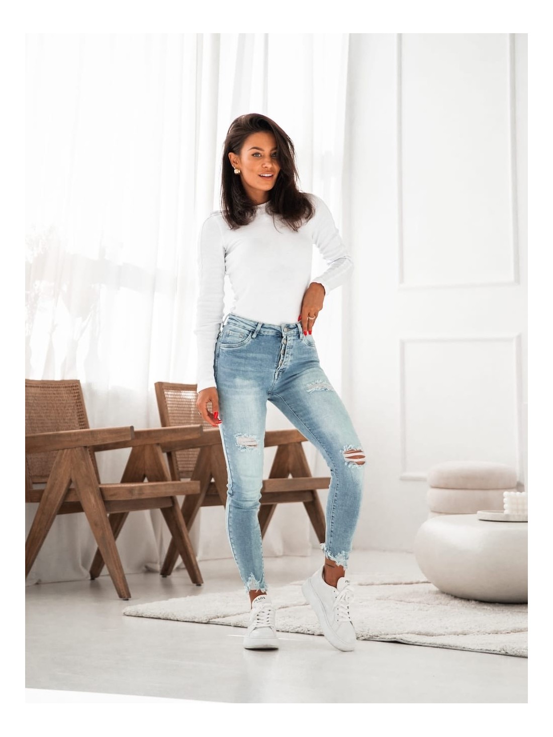 Pantaloni dama din denim cu nasturi cu abraziuni 5502 - Magazin online - Boutique